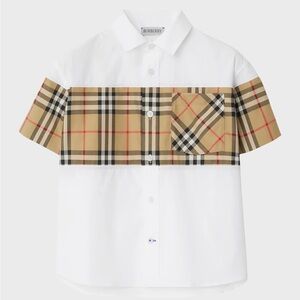 🤎 Burberry Kids White and Beige Plaid Button Down Shirt🤎